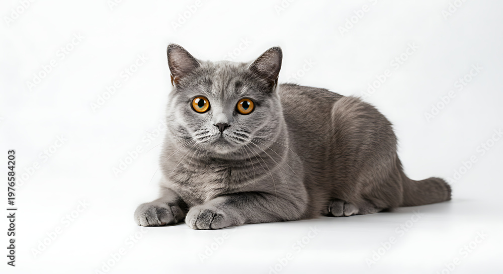 Fototapeta premium British Shorthair Cat Portrait Grey Fur Yellow Eyes Studio Shot.