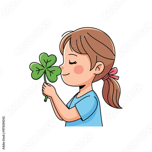 A cute cartoon girl smelling a lucky three leaf clover.