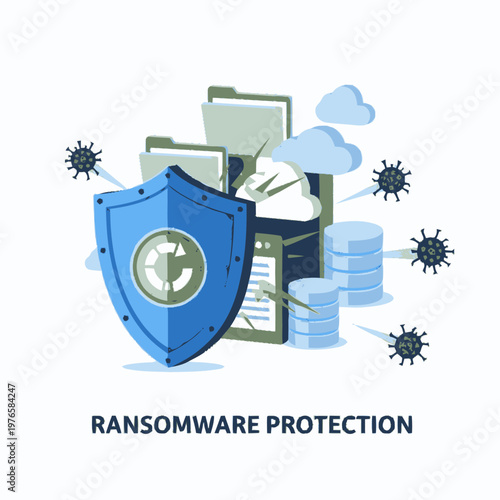 Cybersecurity shield protecting data from ransomware threats.