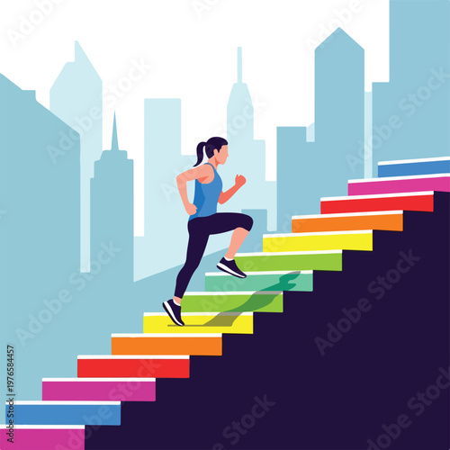 A woman is running up colorful stairs in front of city buildings