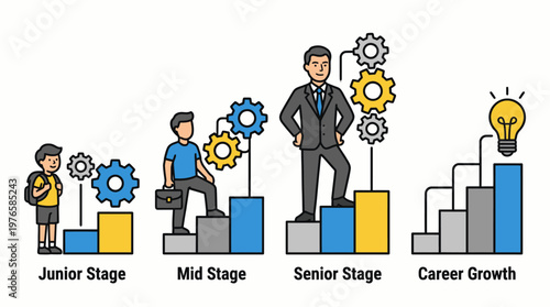 A cartoon illustration of career growth stages from junior to senior with a lightbulb idea