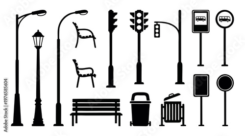 Set of black street furniture vector graphic elements featuring benches lamps traffic signals and bus stop signs for urban design