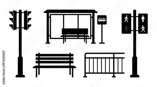 Black vector illustration icons set showing essential urban street furniture elements for city infrastructure projects and public transportation layout designs