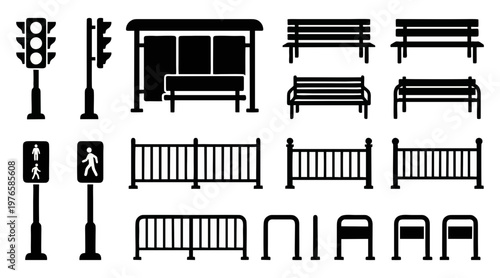 Bilde på lerret Collection of black vector graphic icons depicting various city street elements