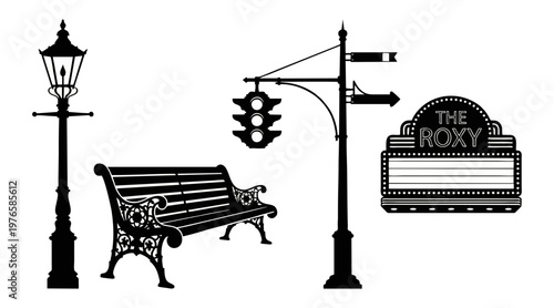 Collection of city street vector elements including a vintage lamp post a park bench traffic signal and theater sign