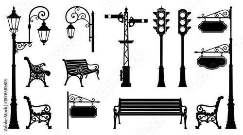 Set of black vector silhouettes displaying various classic street furniture elements like antique lampposts benches traffic signals and hanging signs