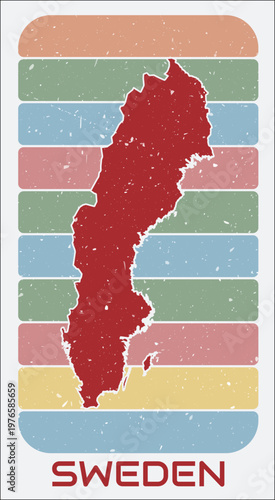 Sweden vintage logo. Shape of the country on retro colored stripes background. Sweden map design with grunge scratch texture. Vector illustration.