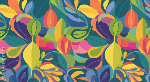 Colorful, abstract botanical design featuring a variety of shapes