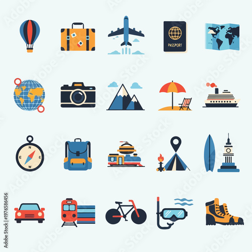 Collection of travel-related icons, each representing a different activity