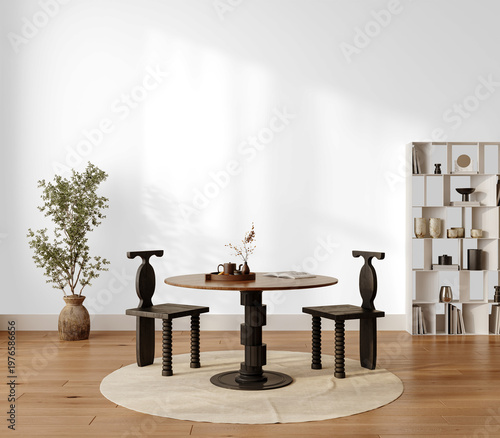 Fotografía Modern Rustic Dining Room Wall Mockup PNG with Round Table and Wooden Chairs, Tr