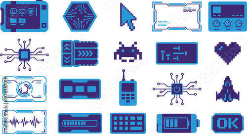 A collection of blue pixel art icons featuring various futuristic technology, interface elements, and gaming graphics symbols