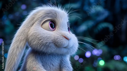 Cute Animated Bunny Rabbit with Big Eyes, Magical Forest Background, Whimsical Character
