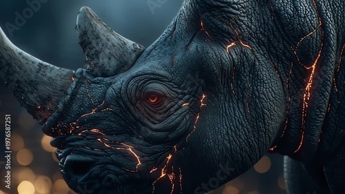 Majestic Rhino Close-Up: Fierce Gaze, Textured Skin, Fiery Glow