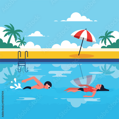 Cartoon depicting a swimming pool with swimmers, palm trees and parasol