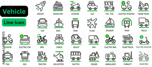 Vector illustration of Vehicle line icon set. Vehicle icon set. car, bike, plane, train, bicycle, bus, scooter and motorbike symbols for transportation, travel, traffic. Editable stock. 