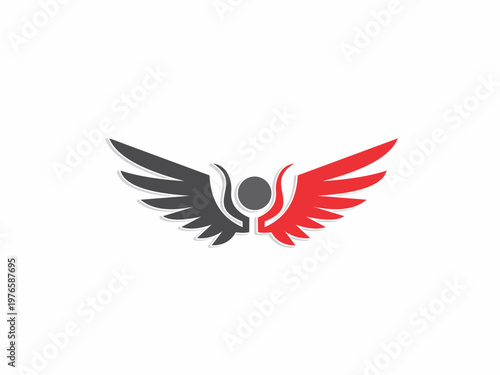 Abstract Human Figure with Red and Grey Wings Logo for Freedom Empowerment Aviation and Creative Security Business Identity