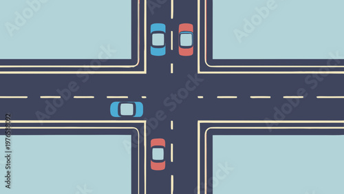 Top View of Urban Intersection with Colorful Cars on a Road