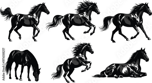 Silhouettes of six horses in different poses including trotting, galloping, cantering, grazing, rearing, and lying down, dynamic illustration emphasizing movement, strength, grace, and natural