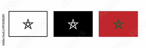 Minimalist Morocco flag set with multiple styles including flat, dark, and outline versions. Clean vector collection perfect for UI, apps, presentations, and branding projects.