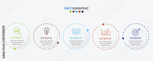 Business infographic template with 5 step in circle. Modern circle process. Diagram outline vector design.