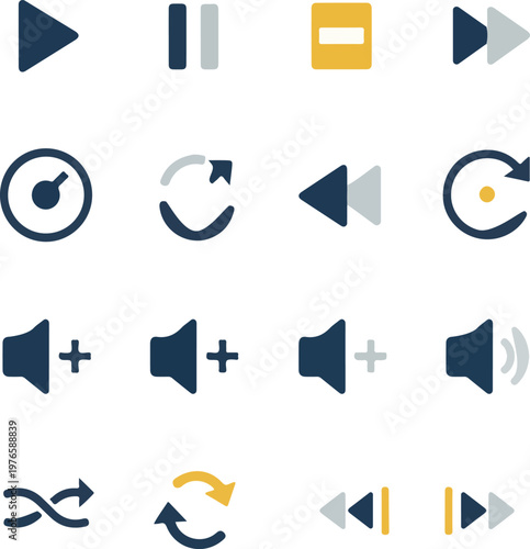Flat design media player control icons set with play pause stop rewind fast forward and volume symbols