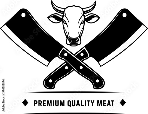 Classic Butchery Logo Premium Quality Beef Emblem with Cow Head and Crossed Cleavers for Meat Shops