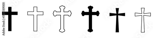 Set of christian cross icons  black cross symbol vector illustration religious faith sign, Christian crucifix icon, minimalist spiritual design, isolated graphic vector