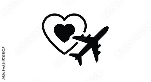 Vector graphic design featuring a stylized airplane symbol flying alongside a solid heart shape to represent the concept of loving travel and global holiday adventures