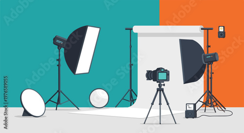 Cartoon illustration of a photo studio set up with camera, lights, backdrop