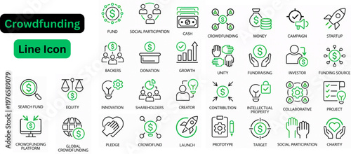Vector of Crowdfunding line icon set. crowdfunding line icon set. Goal Target, Donation Box, Crowdfunding, Backer Support, Campaign Win, Pledge Deal. 