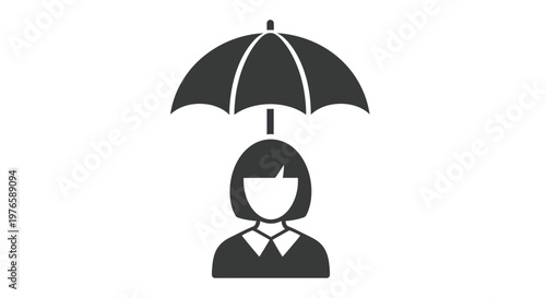 A professional vector graphic illustration depicting a woman standing safely under an umbrella, symbolizing personal protection, insurance, and comprehensive client coverage design concept.