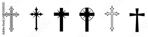 Set of christian cross icons  black cross symbol vector illustration religious faith sign, Christian crucifix icon, minimalist spiritual design, isolated graphic vector