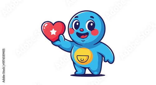 Blue cartoon character holding heart symbol.