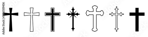 Set of christian cross icons  black cross symbol vector illustration religious faith sign, Christian crucifix icon, minimalist spiritual design, isolated graphic vector