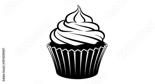 A Black and White Illustration of a Delicious Cupcake with Swirled Frosting