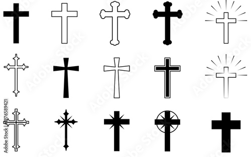 Set of christian cross icons  black cross symbol vector illustration religious faith sign, Christian crucifix icon, minimalist spiritual design, isolated graphic vector