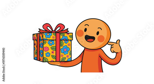 Cartoon character holding gift box present.