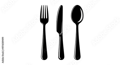 Classic black silhouette of dining cutlery fork, knife, and spoon set for mealtime elegance