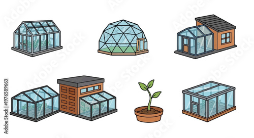 Vector illustration of set of various greenhouse structures and a small potted plant on a transparent background