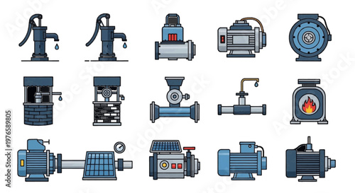 Vector illustration of set of water pump icons, industrial and domestic water supply equipment on a transparent background