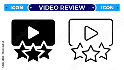 Video Player with Stars and Highly Rated Content Video Review Vector Icon Set