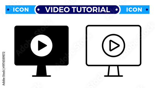Online Video Tutorial and Monitor Display Play Button Vector Icon Set