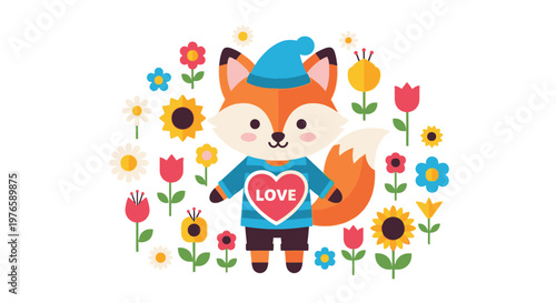 Cute cartoon fox in colorful flowers.