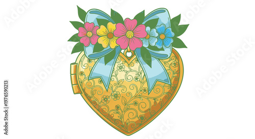 Golden heart with floral ribbon decoration.
