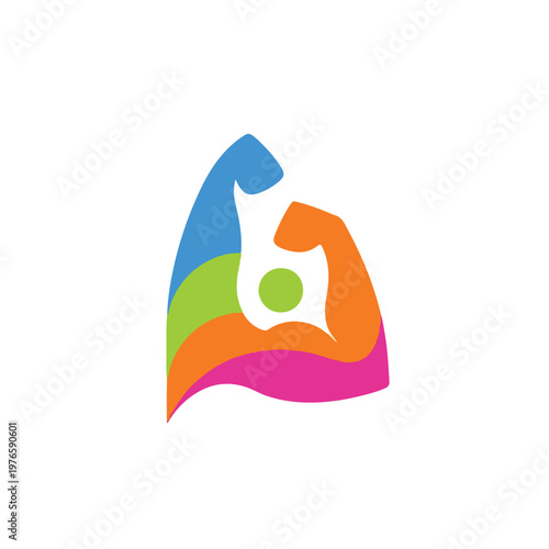 Colorful, abstract icon with flexing arms and a green circle