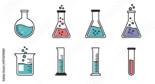 Vector illustration of set of laboratory glassware icons with colorful chemical liquids on a transparent background
