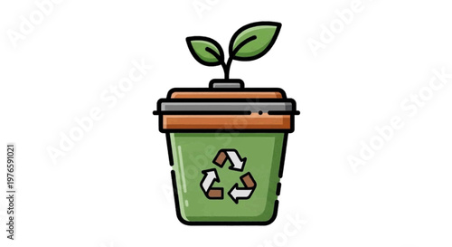 Vector illustration of ecofriendly recycling container with a small plant growing on top on a transparent background