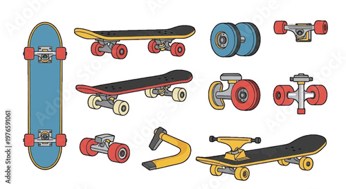 Vector illustration of set of various skateboard parts and complete skateboards on a transparent background