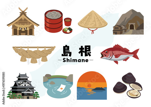島根県の観光・名所・文化・グルメアイコンセット（出雲大社・石見銀山・松江城・宍道湖・出雲そば・しじみ）