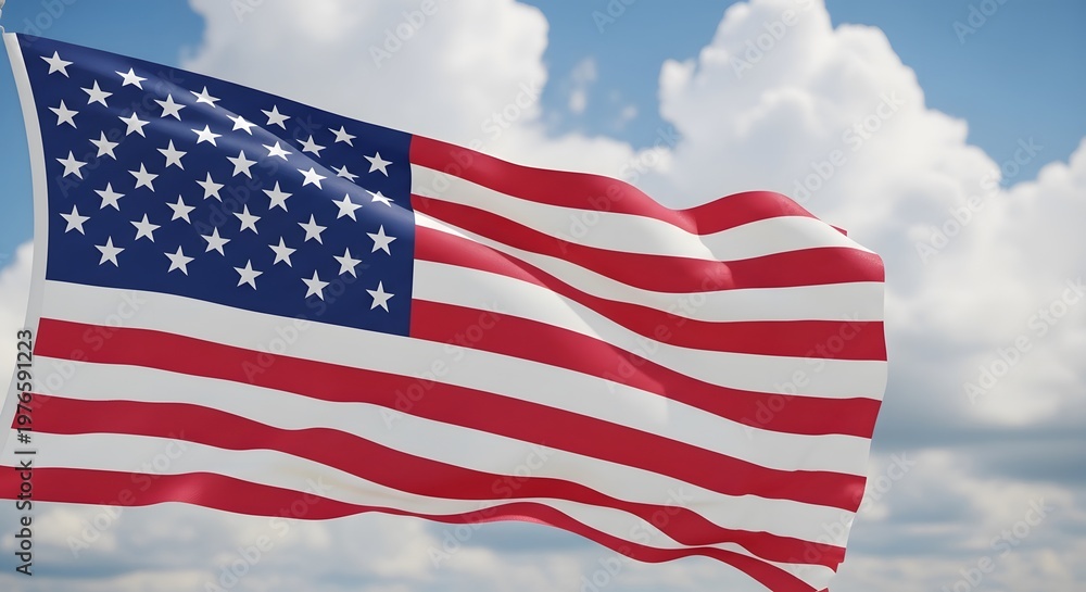 Obraz premium Waving american flag against a dramatic sky with fluffy white clouds